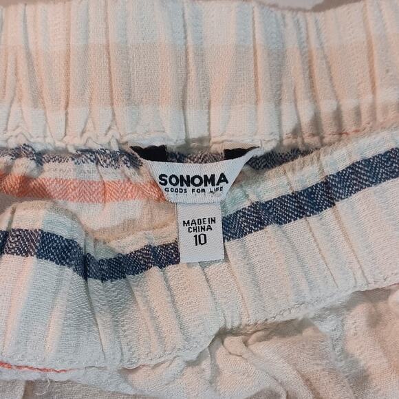 “Striped Linen-Cotton Mini Skirt Elastic Waist Pockets Summer Casual Sz 10 - Picture 3 of 5